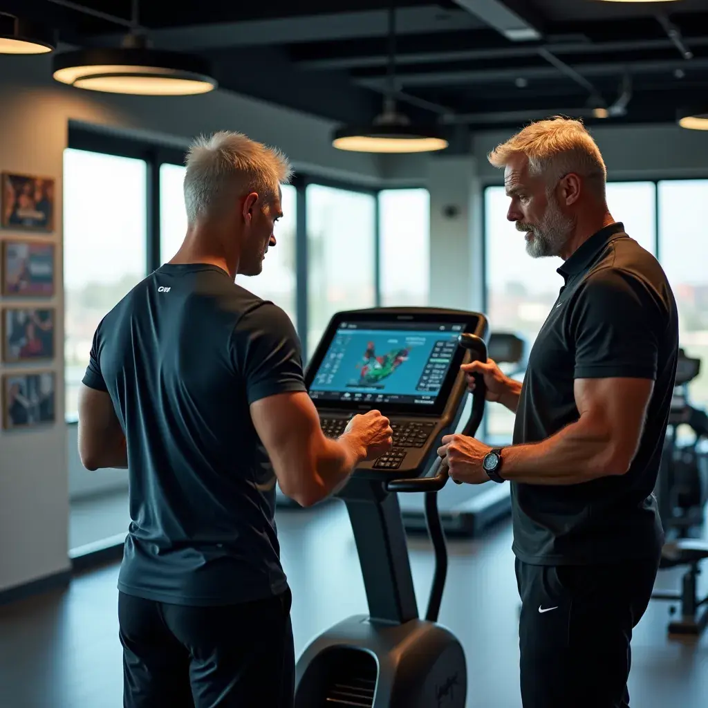 Hombre de 50 años usando una bicicleta estática en el gimnasio.