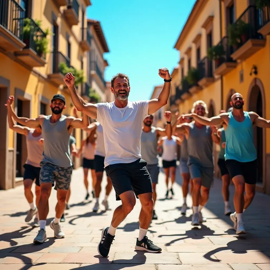 Hombres de mediana edad participando en una carrera local.